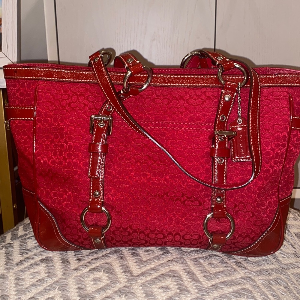 Coach Red Signature Print tote